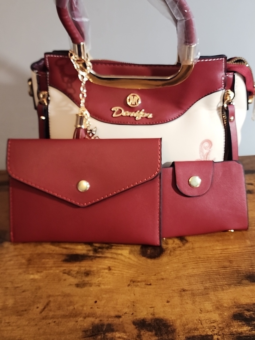 Red 3pcs Set Women's Handbag With Elegant Geometric Print,faux Leather Material,